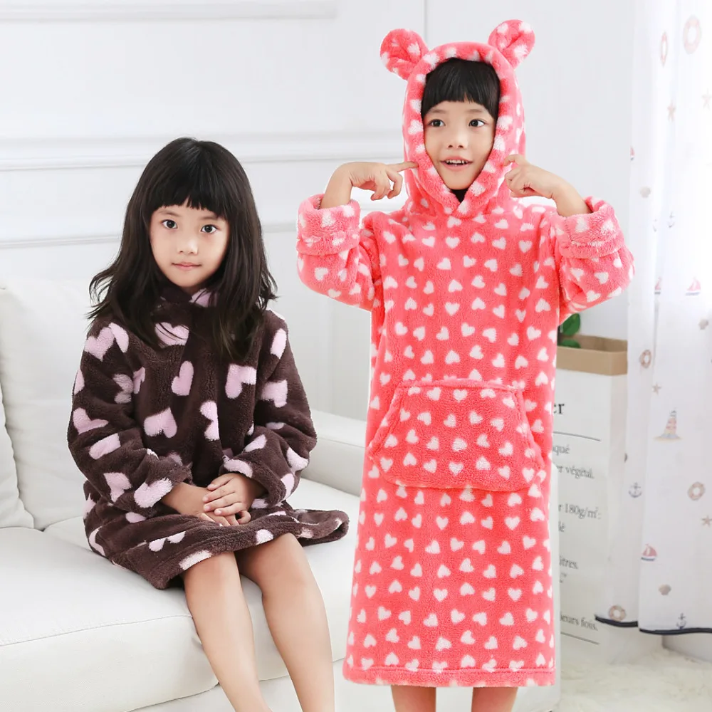 

Nightwear for kids Girl Winter flannel Pajamas With Cap Long Robe