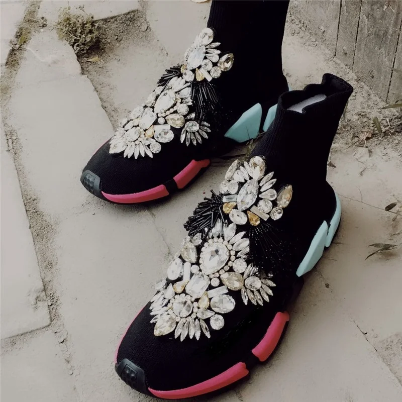 

US4-11 Women Sock Yellow Ankle Boots Rhinestones Embroidery Tassel Crystal Sneaker Shoes Casual Pull On 5Colors Plus Size A1249