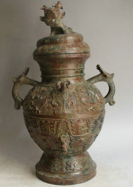 

S2153 20" Old Chinese Bronze Folk Beast Head handle food vessel kettle Pot Jar Crock D0318