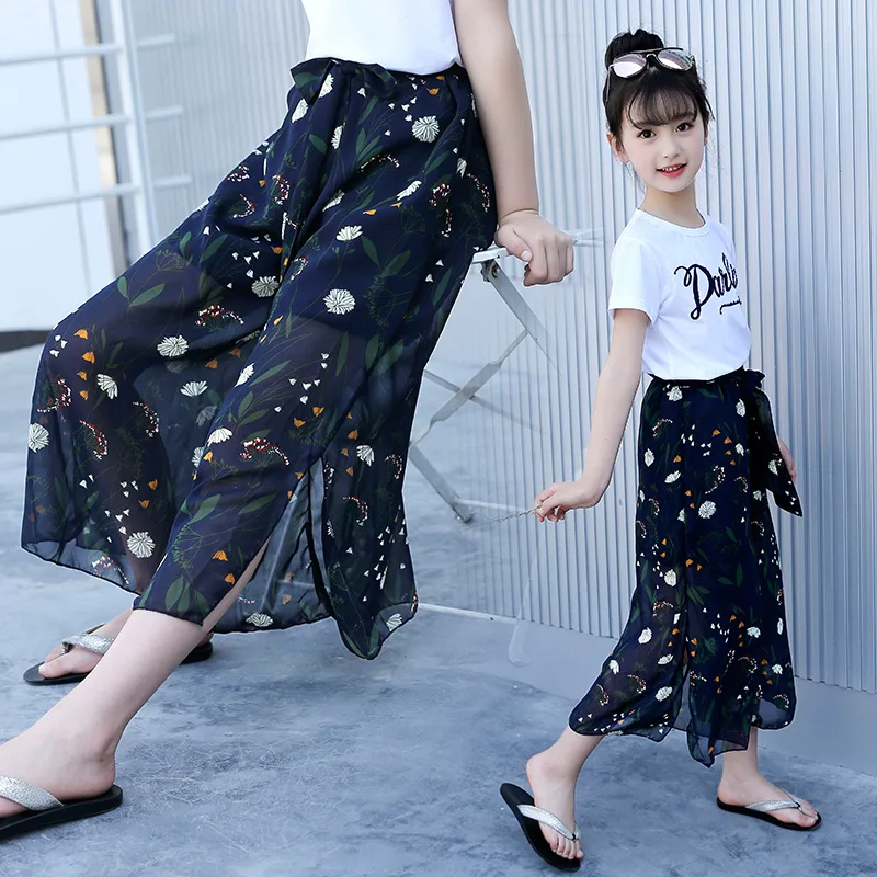 Girls clothing Sets Cotton T-shirt+Chiffon Wide Pants Children Clothing for age 6,8,10,12 Years Summer Beach Girls Fashion Suits