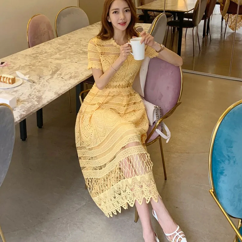 

Summer Dress Casual Women Hollow Out Sexy Dress Elegant Floral Lace Dresses Vestido
