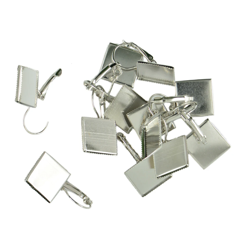 12pcs Earring Wire Hook 16mm Blank Square Bezel Cabochon Setting Silver