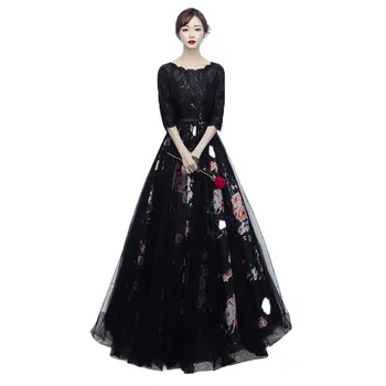 

2019 Spring Summer Evening Dresses Half Sleeves Lace Black Formal Gown Long Evening Party Dress vestido de festa