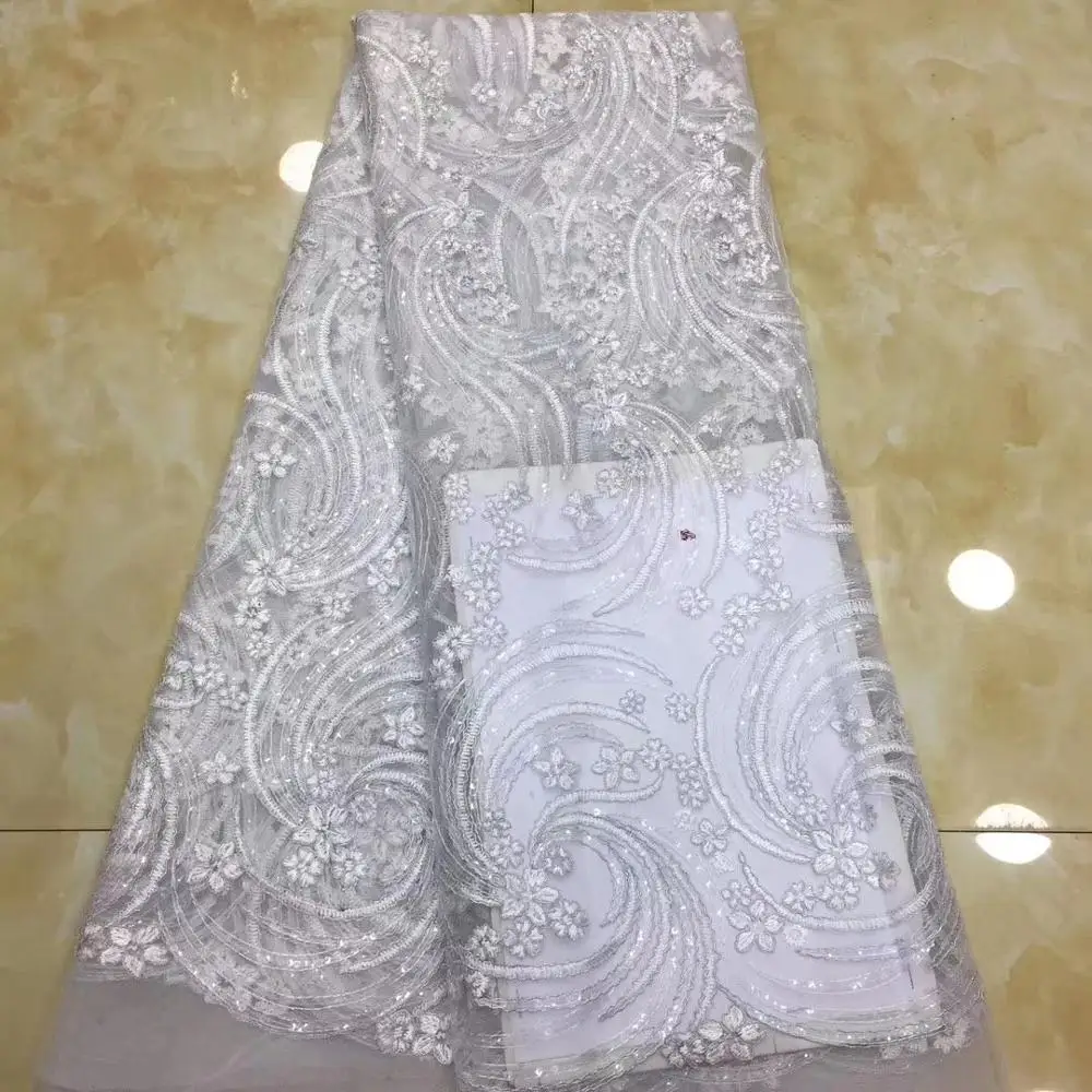 

white Embroidered African Mesh Tulle Lace Fabric Elegant Design Nigerian Sequins Guipure Evening Dresses Net Material