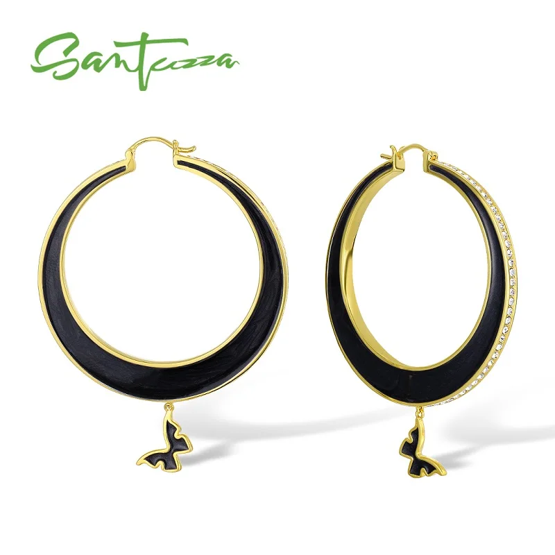 SANTUZZA Висячие серьги для женщин красочные большой круг прекрасные бабочки сверкающие кристаллы модные ювелирные изделия ручной работы эмаль - Окраска металла: Gold Plating (Black)