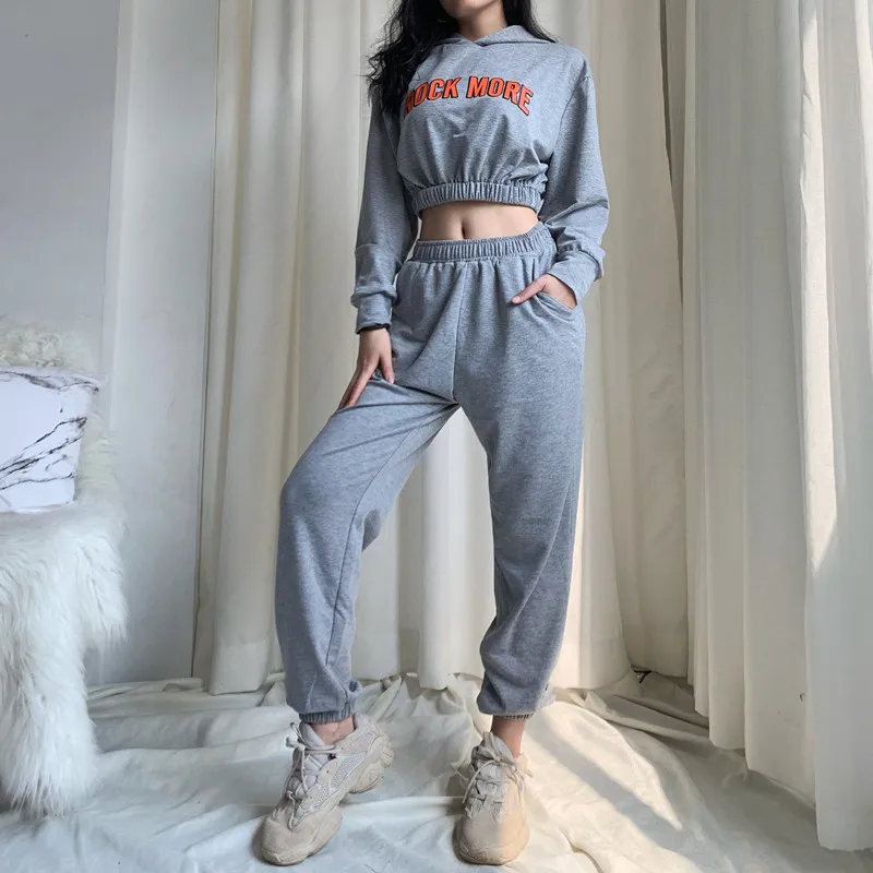 Women Two Piece Solid Outfits Pullover Crop Casual Sweatshirt /& Sweatpants Tracksuits Set