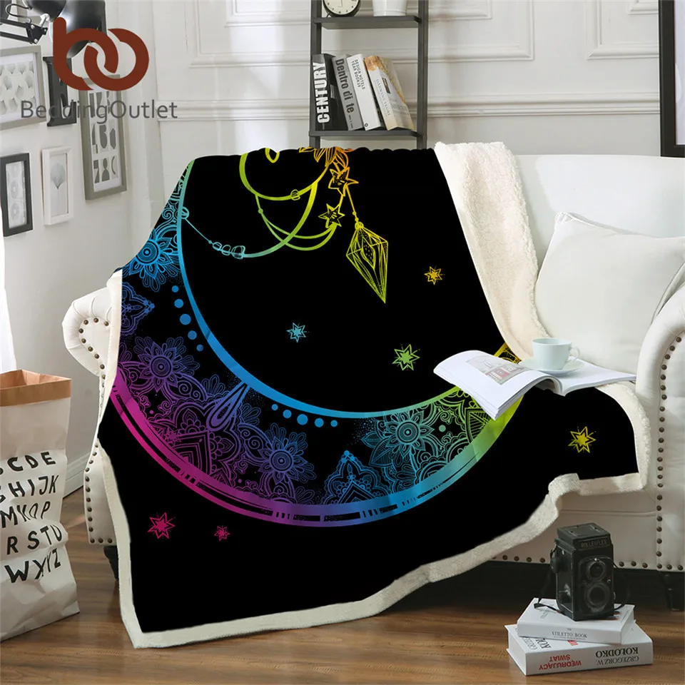 

BeddingOutlet Bohemian Moon Star Sun Sherpa Blanket Colorful Feather Print Plush Throw Blanket Mandala Floral Thin Quilt Bedding
