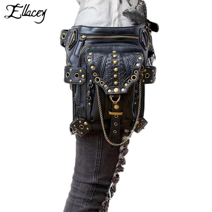 

Ellacey 2018 Steampunk Fanny Pack Men Women Rivets Black Moto Biker Belt Bags Punk Vintage Shoulder Bag Chain Rivets Waist Bag