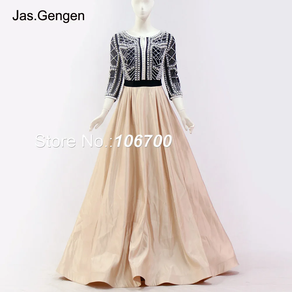 

Arabic New Style Pearls Ballgown Evening Dresses Real Photos Three Quarters Sleeves O Neck Custom Make Burgundy Color Prom Gowns