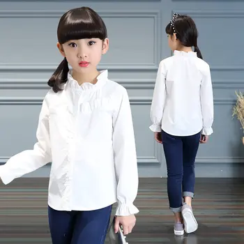 

New Fashion Spring Autumn Children Clothing Cotton Vertical Collar Shirt Kids Girls Ruffle Sleeve Blouse for 5 7 9 11 13 Years