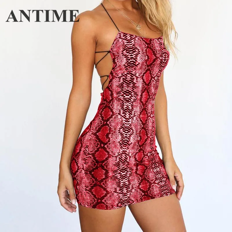 

ANTIME Fashionable Red Wrap Dress Sheath Sleeveless Leopard Spring Summer Halter Casual Bodycon Women Mini Red Dresses Backless