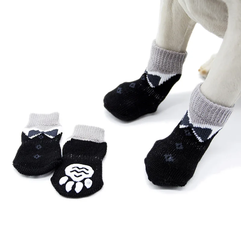 4pcs/lot Warm Dog Socks Non Slip Black Cotton Pet Puppy Shoes Paw Print