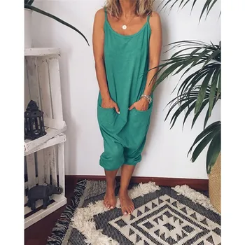 

2019 Women Spaghetti Strap Casual Jumpsuit Pockets Loose Sleeveless Playsuit Backless Pure Overalls