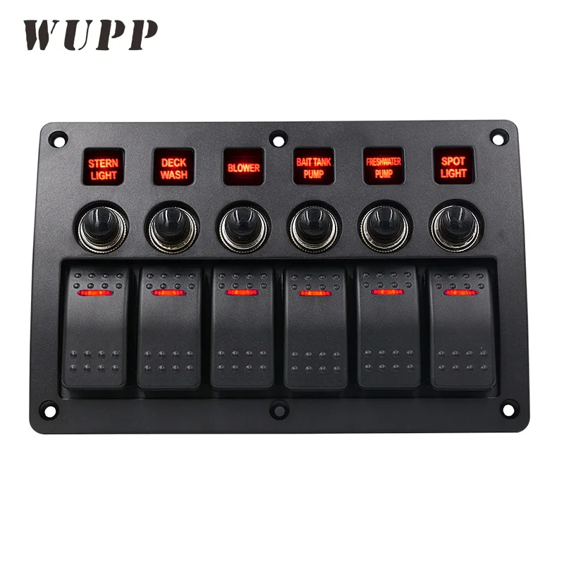 

WUPP Professional Switching On/ Off Abs Shell 6 Gang Marine Boat Red Led Rocker Switch Panel With Indicator Overload Protection