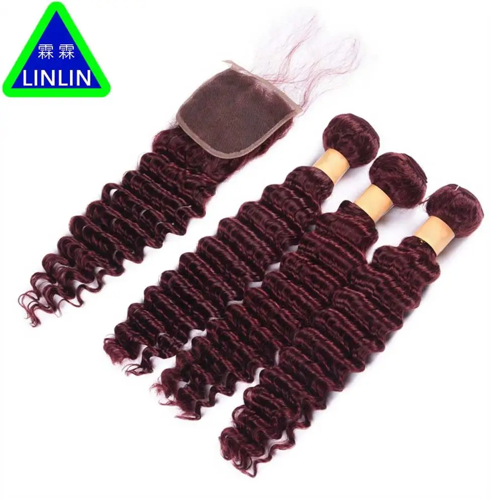 

LINLIN Pre-colored Deep Wave Bundles With Closure #99j 3 Pcs With Closure Raw Burmese Hair Weave Deep Wave Bundles Hair Rollers