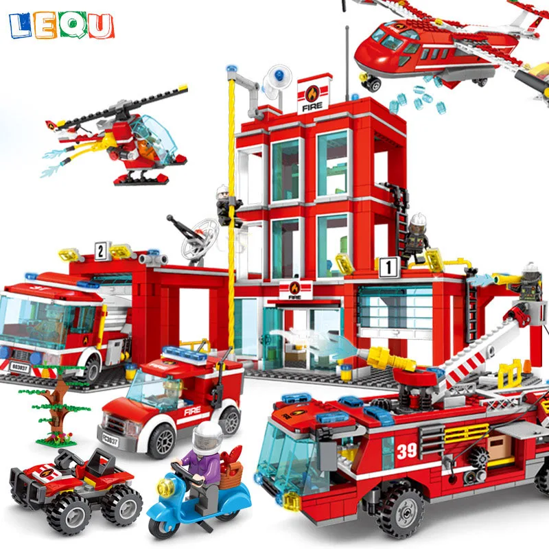 

Fire Station Rescue Action Set Transporter Ship Boat Truck Building Blocks Firefighter Car Helicopter Toys Bricks LegoINGlys