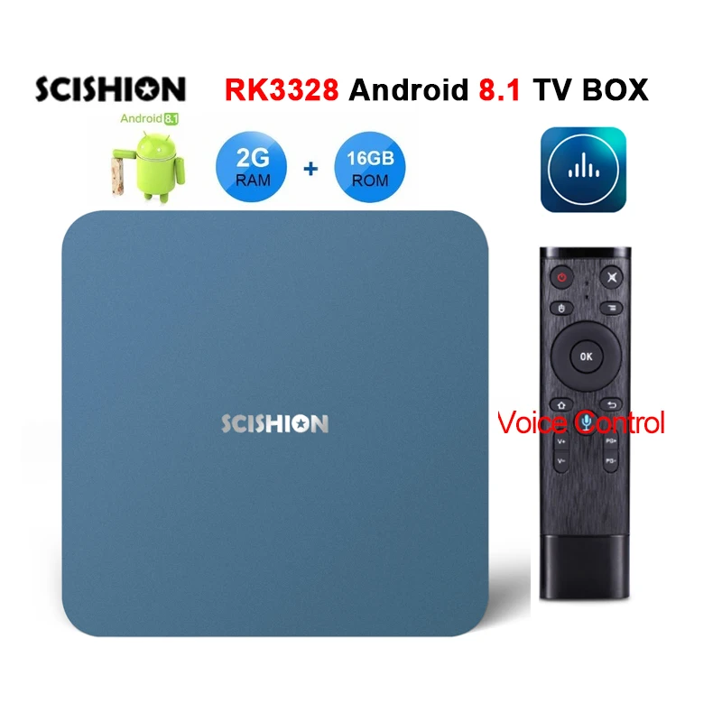

SCISHION Android 8.1 TV Box with Voice Control RK3328 Quad Core 4K Media Player 2GB 16GB 2.4G WiFi Bluetooth 4.0 Set-top Box