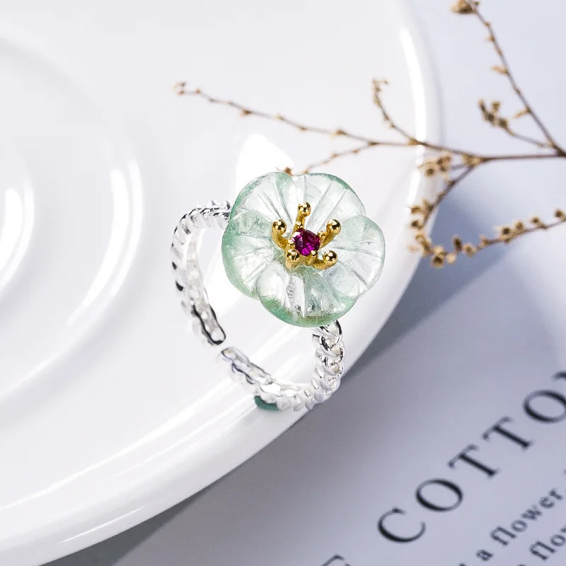 

LouLeur 925 sterling silver Fluorite rings handmade natural green Fluorite flower adjustable rings for women birthday jewelry