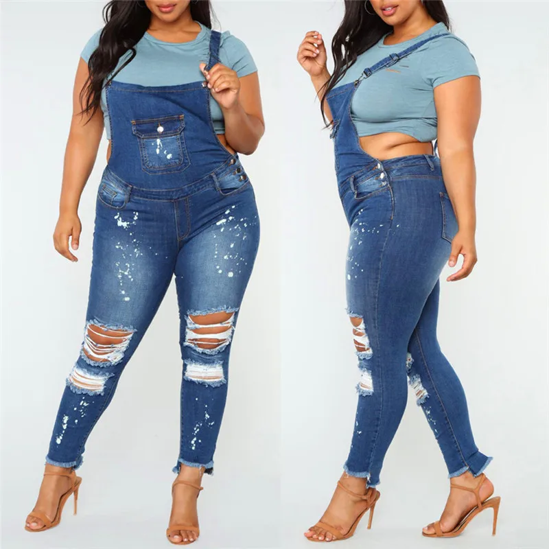 

Casual Denim Women's stretch hole Bib fat Pants Overalls Jeans Trousers Full Length Cotton Light Mid Jumpsuit Pencil pants daily