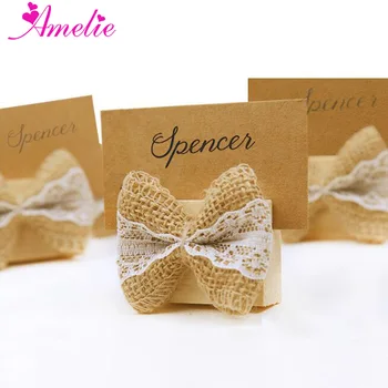 

50pcs/lot Wedding Souvenirs Retro Burlap Lace Bow Place Card Holder Wooden Place Card Holders Parties Rustic Shabby Chic Cottage