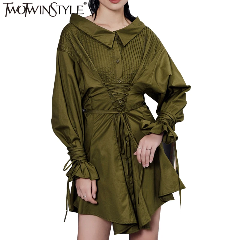 

TWOTWINSTYLE 2019 Autumn Bandage Tunic Dress Shirts Female Lace Up Black Short Dresses For Women Casual Clothing