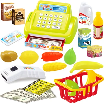 

26pcs Kids Plastic Supermarket Cash Register Toys Set Simulation Pretend Play Electronic Toys for Girls with Food Basket