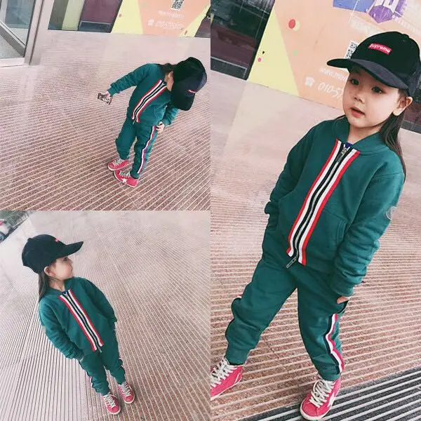 

Children Girls Clothes Suit 2018 Autumn Tracksuit Green Zipper Coat+Pants 2 PCS Girls Clothes Set Teenage Kids 3 6 8 10 12 Years