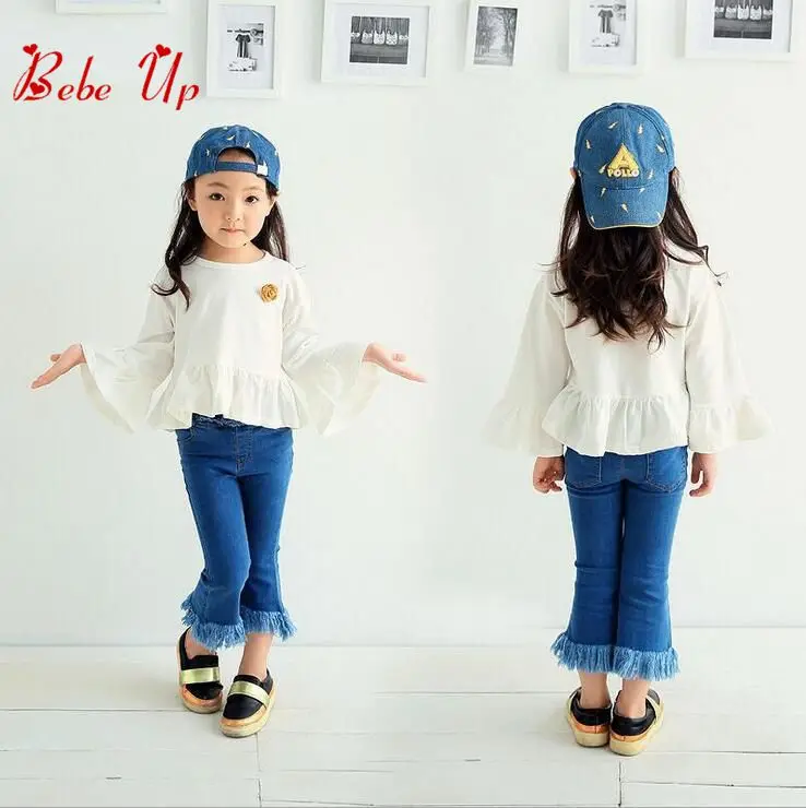 

Kids Princess Flare Sleeve Appliques Flower T-shirts Toddler Baby Girls Spring Autumn Denim Pants Children Solid Clothing Sets