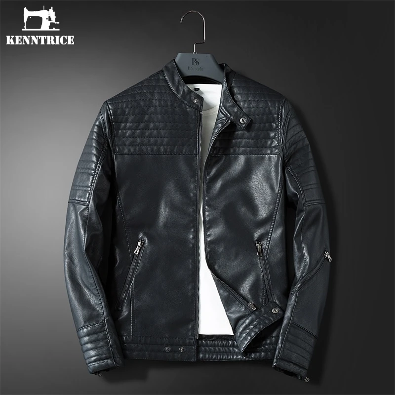 

KENNTRICE Windbreaker Vintage Men's Leather Jacket Solid Color Moto Men Coat Quilting Blue Black Male Jacket