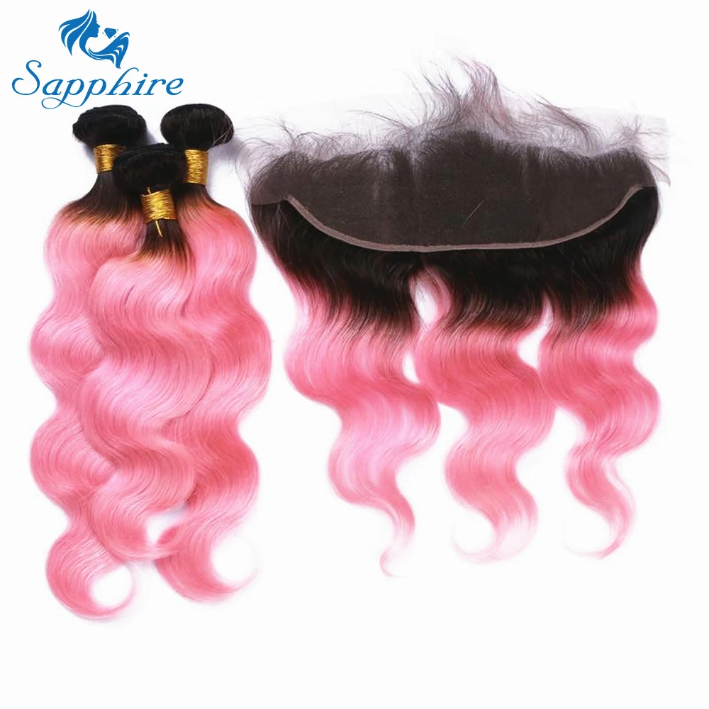 Sapphire Virgin Hair Pink Ombre Brazilian Body Waver Human Hair Bundles With Frontal 2/3 Bundles With Frontal Hair For Salon brazilian-body-wave-hair-bundles