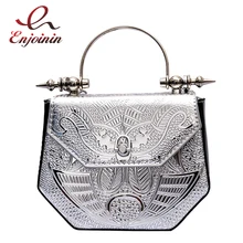 Fashion Geometric Print Embossed Metal Handle Women's Pu Leather Handbag Saddle Bag Crossbody Mini Messenger Bag Bolsa Puese textured pu leather geometric handbag