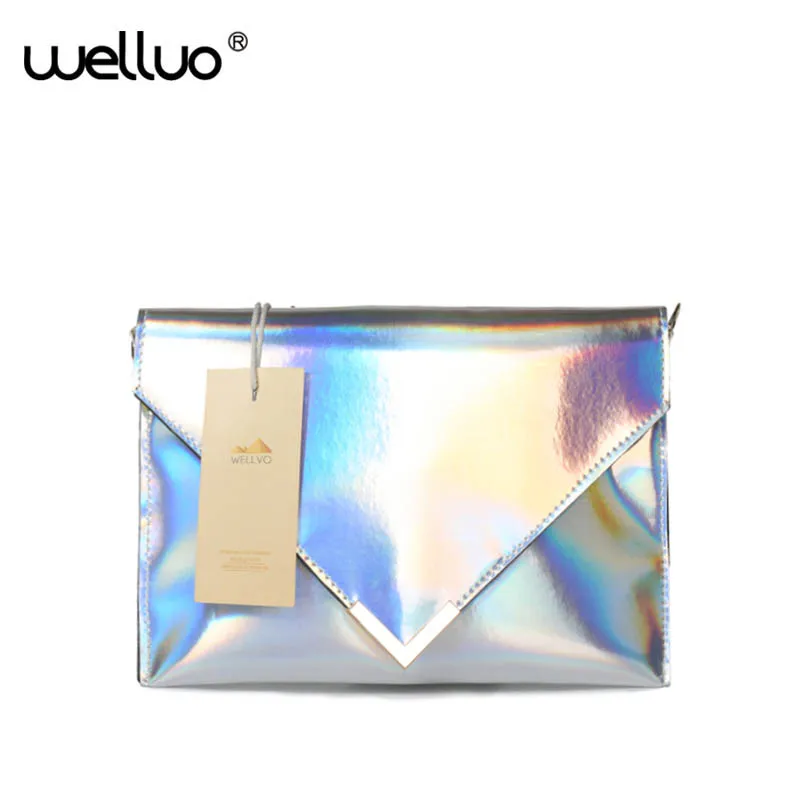 

2018 Women Laser Leather Handbags Day Clutches Hologram Silver Envelope Evening Clutch Mini Chain Flap Bags Shoulder Bag XA1264B