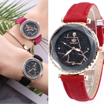 

Dropshipping Hot Sale Starry Sky Watch Women's Luxury Leather Casual Quartz Wristwatch Geometric Surface Female Diamond Watches
