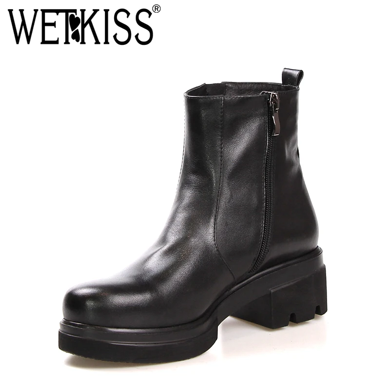 

WETKISS Genuien Leather Amy Boots Women Ankle Boots Round Toe Platform Boot Short Plush Female Shoes Zipper Thick Heels Footwear
