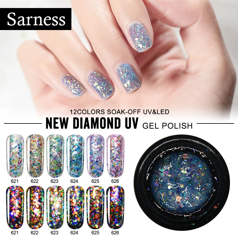 

Sarness Soak Off Diamond Enamel Nail Varnish LED Shiny Semi-permanent Glitter UV Gel Manicure Crystals Glitter Nail Gel Platinum