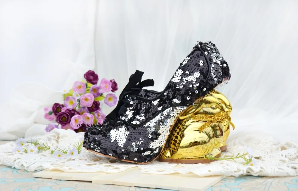 Необычные Блестящие Туфли На необычном каблуке с блестками милые туфли-лодочки на каблуке в форме кролика золотистого цвета милая лента на шнуровке