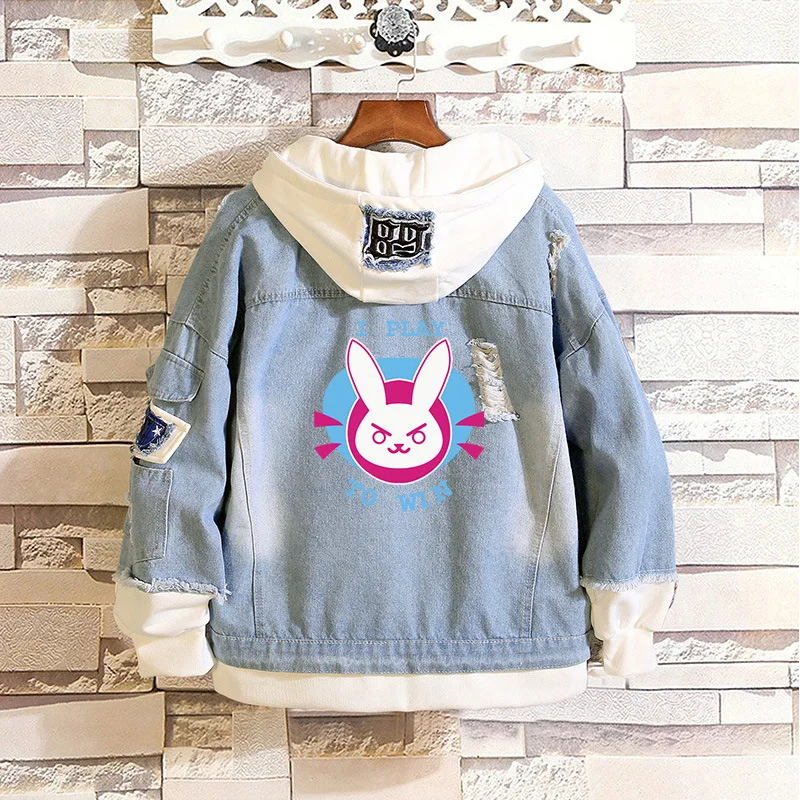 

Game OW Jeans Jacket DVA Cosplay Costume For Women Winter Spring Denim Long Sleeve Loose Blue Hoodie Street wear Casual Clothes