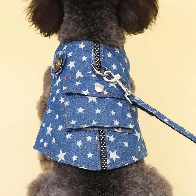 Denim Dog Vest Harness Leash Set Stars for Small Medium Dogs Jeans Clothes Coat Apparel Wear Teddy Terrier Puppy Pet Supplies 6