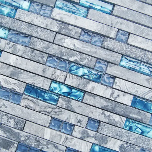 Nature Stone Glass Tiles Blue Wave Marble Striped Art Mosaics Bar Hotel