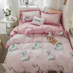 Розовый мультфильм единорог Печать 100% мыть хлопок девочка ребенок постельных принадлежностей пододеяльник с оборками кровать застежки