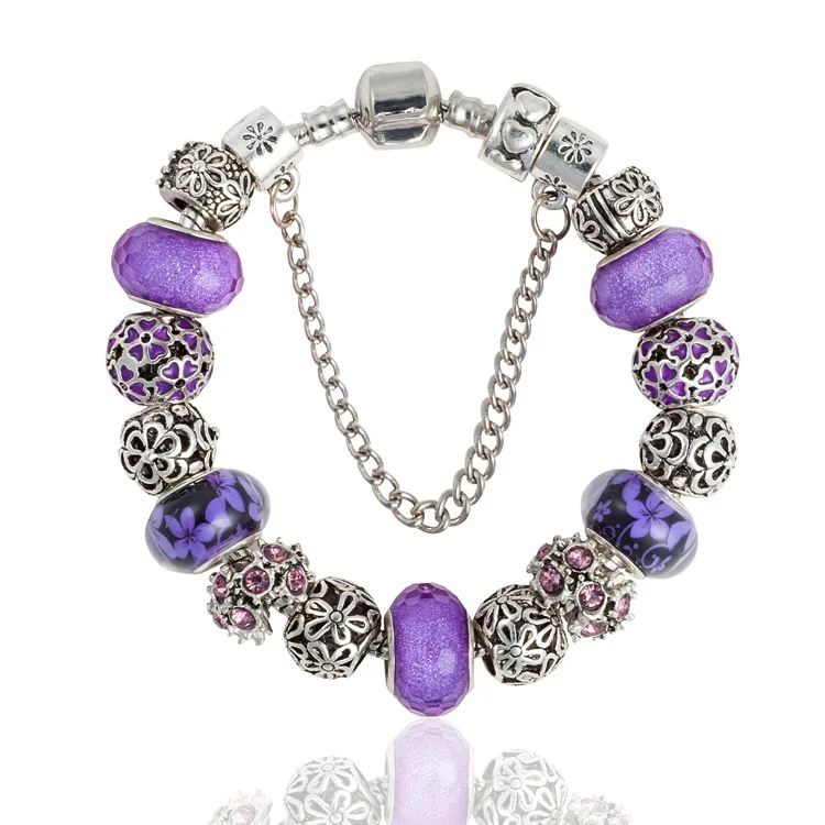 

Europe And America High grade Purple Crystal Glaze Silver Plated Pandora Bracelet DIY Handmade Female Bracelet Girlfriend Gift