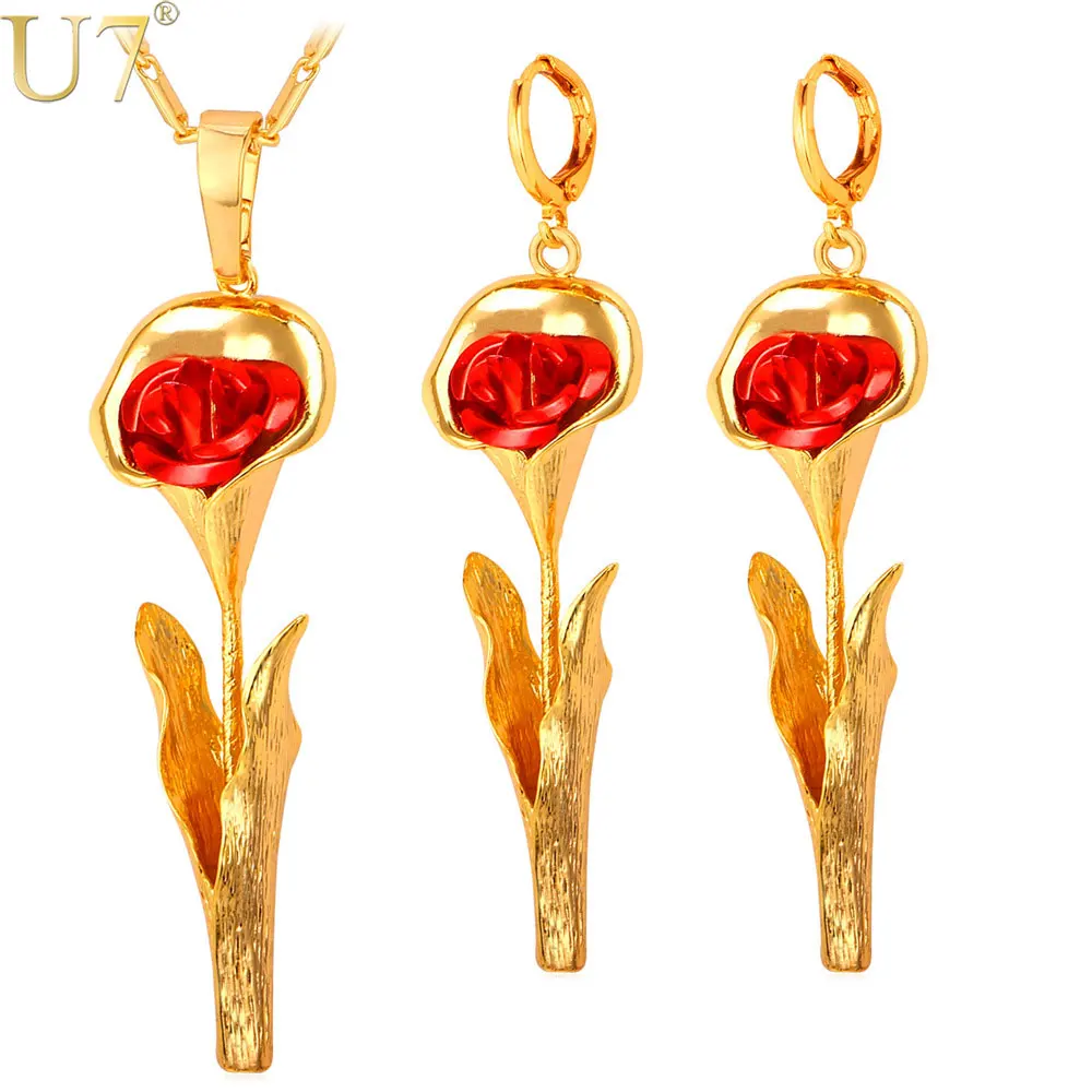

U7 Gold Color Morning Glory Flower Women Jewelry Set For Gift Wholesale Party Vintage Earring Necklace Set S810