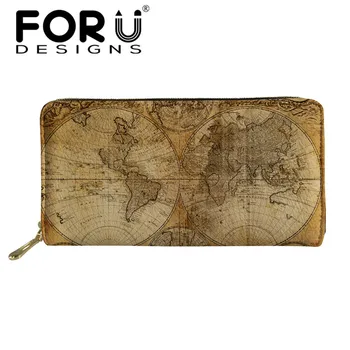 

FORUDESIGNS Retro World Map Pattern Purse Women Wallet Fashion Ladies Waterproof Long Purses Organizer Wallets Men Card Holder