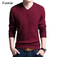 VERTVIE осенний Однотонный свитер, модный Мужской Повседневный пуловер с v-образным вырезом, мужской теплый тонкий длинный рукав, мужские вязаные свитера 4XL