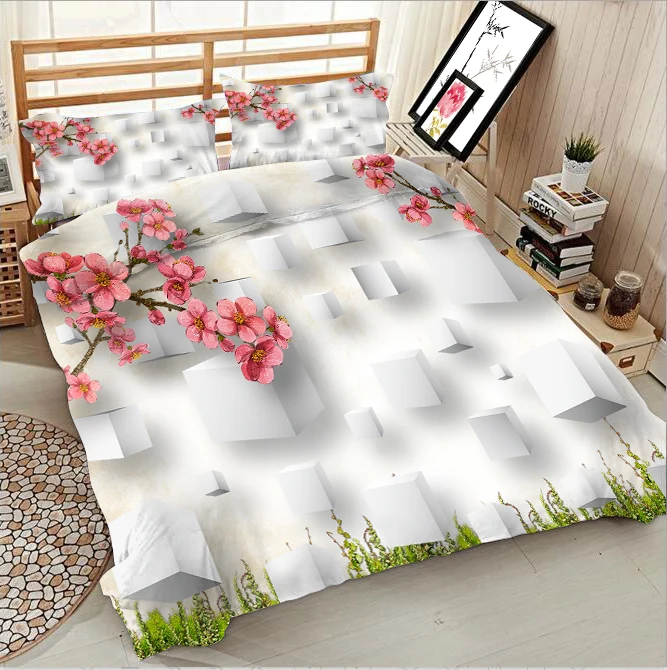 

Suspended cubes and pink flowers 3d effect photo bed linen can be customized photo pattern