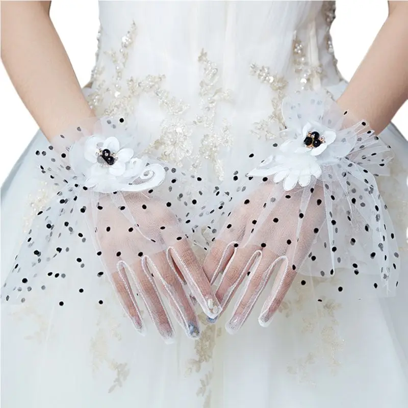

Women Bridal Wedding Mesh Gloves Black Polka Dot Faux Pearl Rhinestone Flower Ruffles Full Finger Short Mittens Party Costume