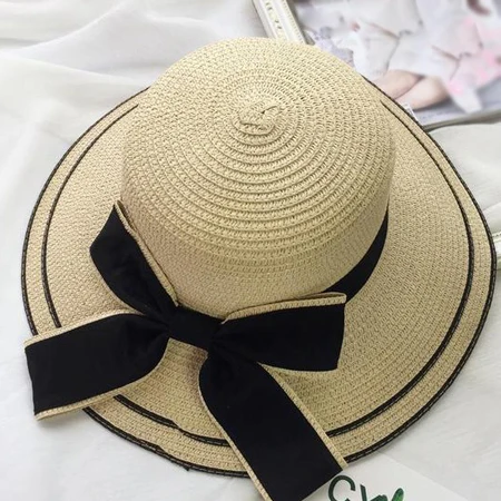 [DINGDNSHOW] 2019 العلامة التجارية قبعة الشمس الكبار الصيف كاب للنساء Bowknot شاطئ كاب قبعة من القش بحافة عريضة