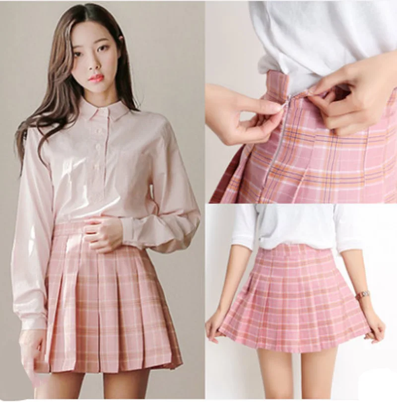 

2017 new Mini Pleated Women Skirts pink green Short Skirts sweet Uniforms School High Waist Red A-Line pattern Plaid Skirt