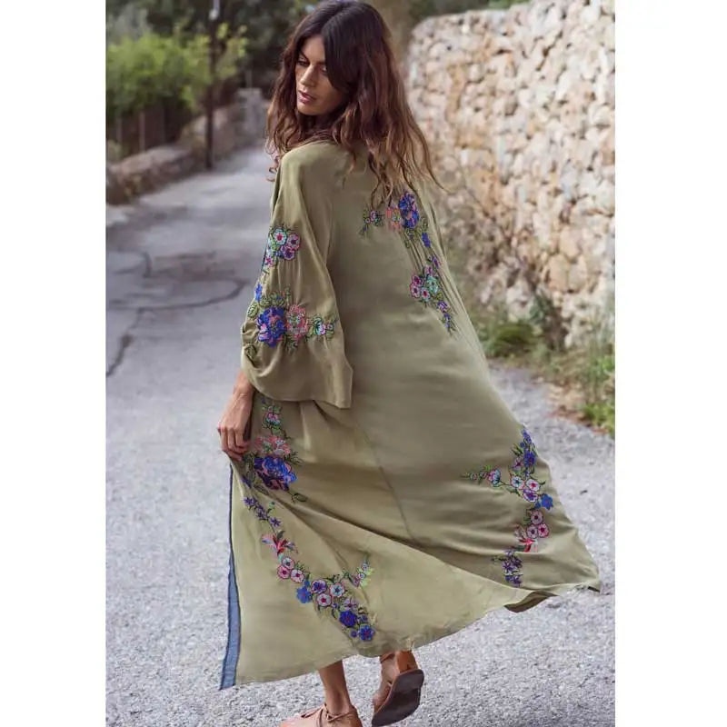 

Boho Inspired embroidered kimono kaftan 2019 open front tie waist beach top contrast binding summer long blouse shirt 2018 blusa