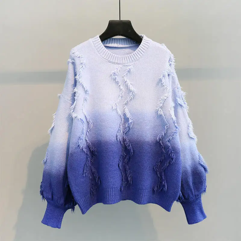Изменяющий цвет свитер с кисточками в стиле пэчворк пуловер с рукавами-фонариками повседневные трикотажные джемперы Корейская женская одежда